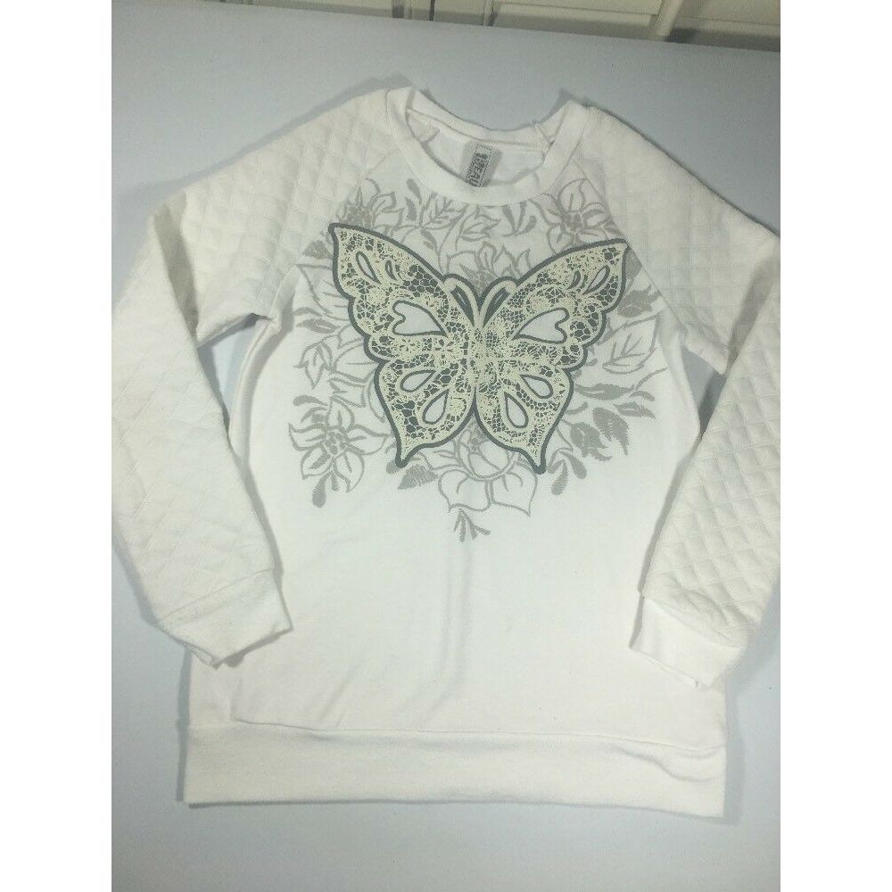Beautees  Girls  Quilted Sleeve  Butterfly Sweatshirt White  Size Medium 